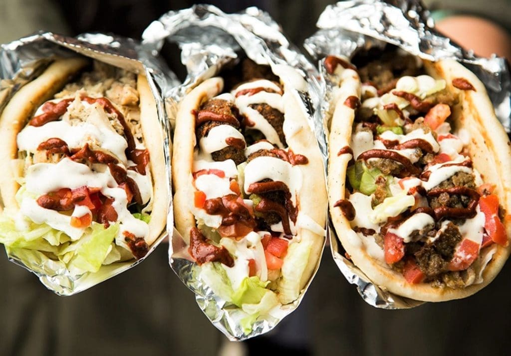 Halal Guys Chicken, Falafel or Gyro pitas.
