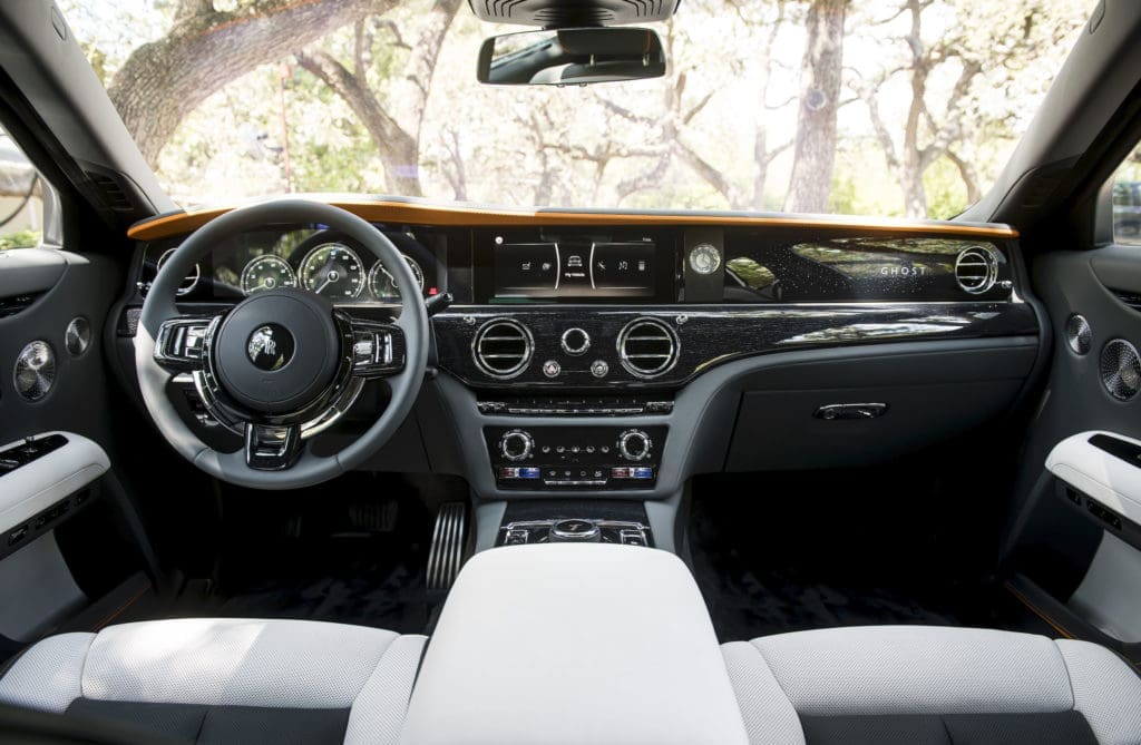 The dash board of the 2021 Rolls-Royce Ghost eschews complicated controls in favor of a dramatic yet driver-friendly presentation. (Photo by James Lipman for Rolls-Royce)

