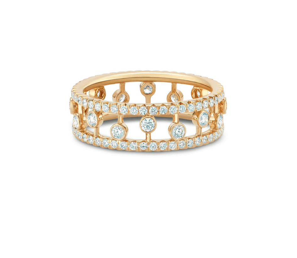 The Dewdrop Collection from De Beers is a signature combination of micropavé and bezel-set round brilliant diamonds designed to evoke the hopeful twinkle of dew at dawn. 