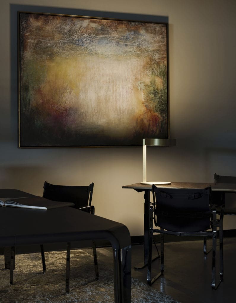 Landscape painting by Oscar Saborio work from Art of the World  Gallery, which has joined BeDesign in a percentage-of-sale fundraiser for Houston Grand Opera. Nahoor: Demetra Table Lamp (Photo by Jack Thompson)
