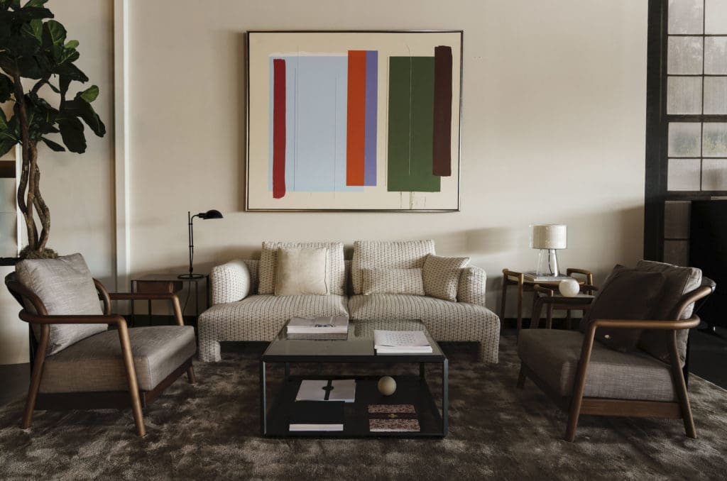 Aníbal Vallejo work from Art of the World  Gallery, which has joined BeDesign in a percentage-of-sale fundraiser for Houston Grand Opera. Furnishings from BeDesign. Driade: MOD Sofa;
Flexform: Allison Armchair and Ascanio Tables; Zannotta: Taschino side table
Molenti&C: 45* Tavolino Coffee Table;
Marset: Mercer Lamp, Funiculi Table Lamp  (Photo by Jack Thompson)