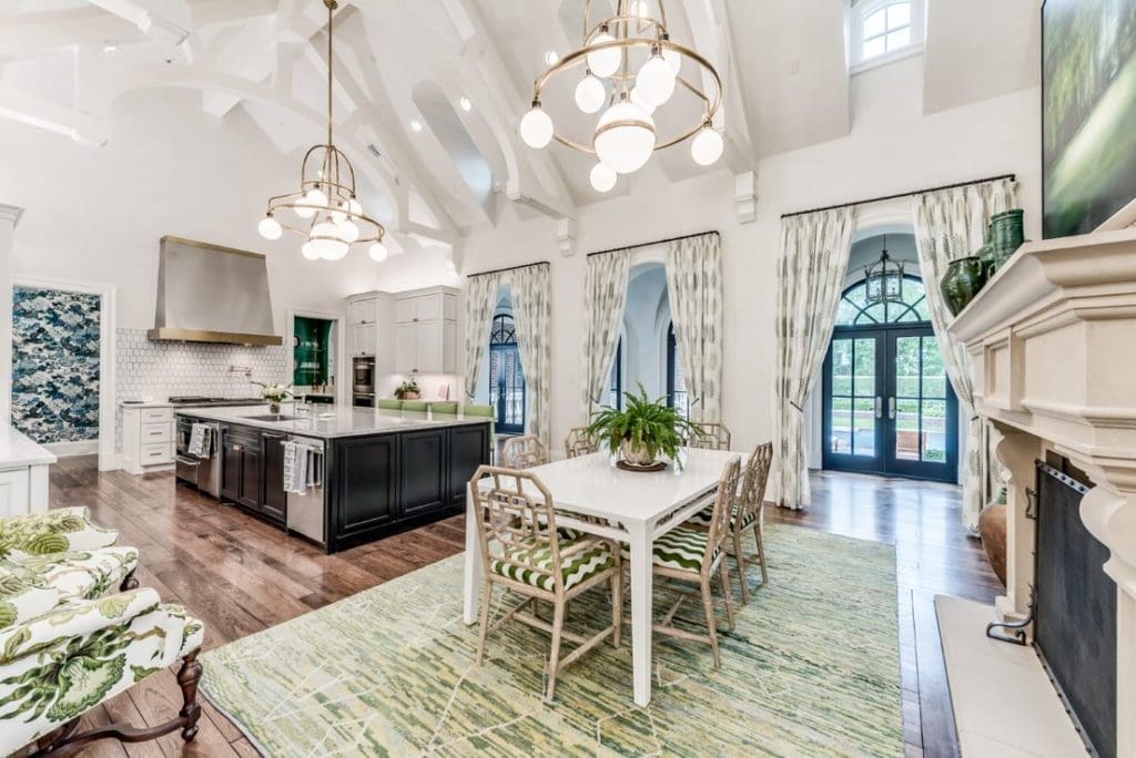 Kitchen with Ralph Lauren Home bistro chandeliers.