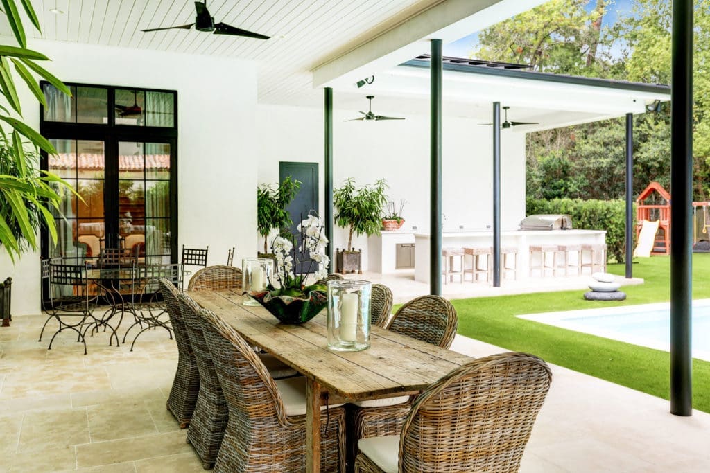 The spacious outdoor summer kitchen/living area at 722 E. Friar Tuck Lane has a home theater.