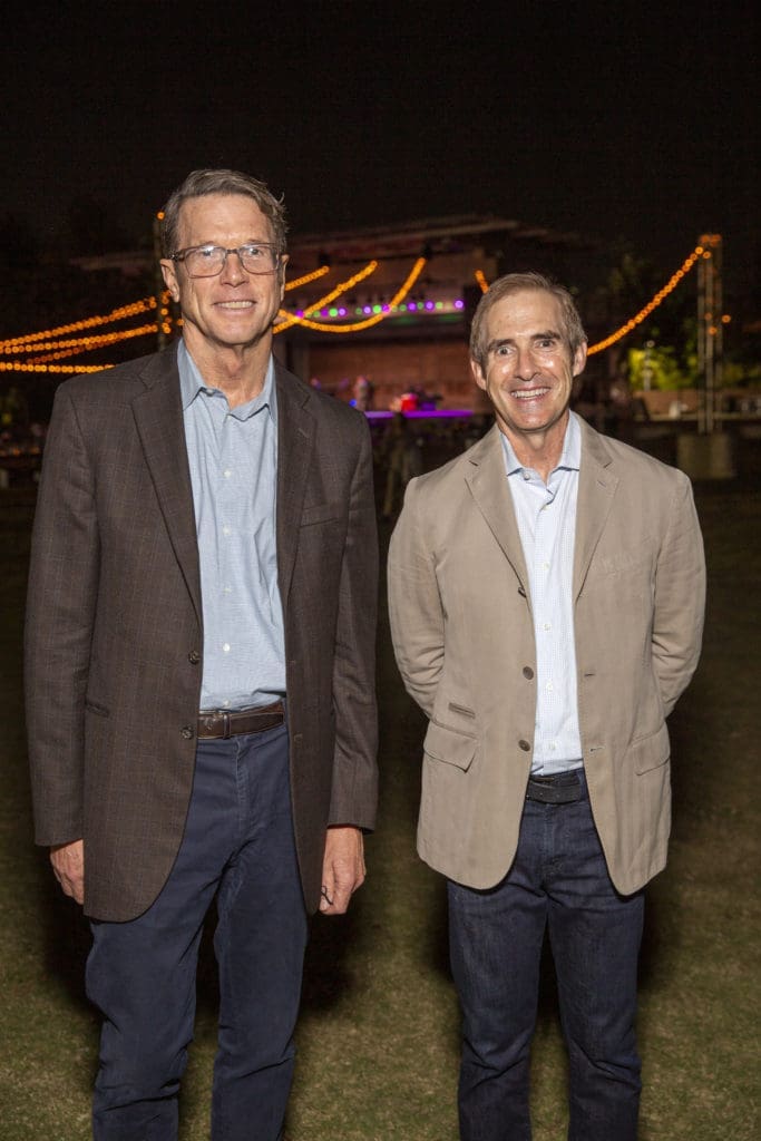 Guy Hagstette, Doug Lawing at the Buffalo Bayou Foundation celebration on the banks of  Buffalo Bayou  (Photo by Jenny Antill Clifton)