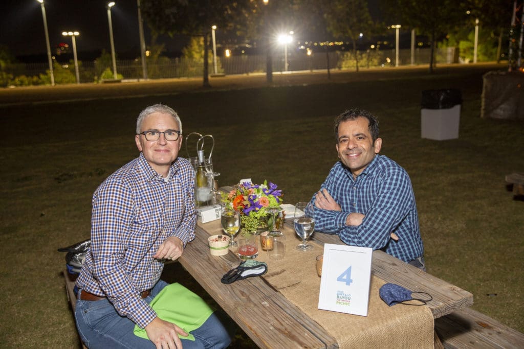 David Brantley, Samir Khushalani at the Buffalo Bayou Foundation celebration on the banks of  Buffalo Bayou  (Photo by Jenny Antill Clifton)