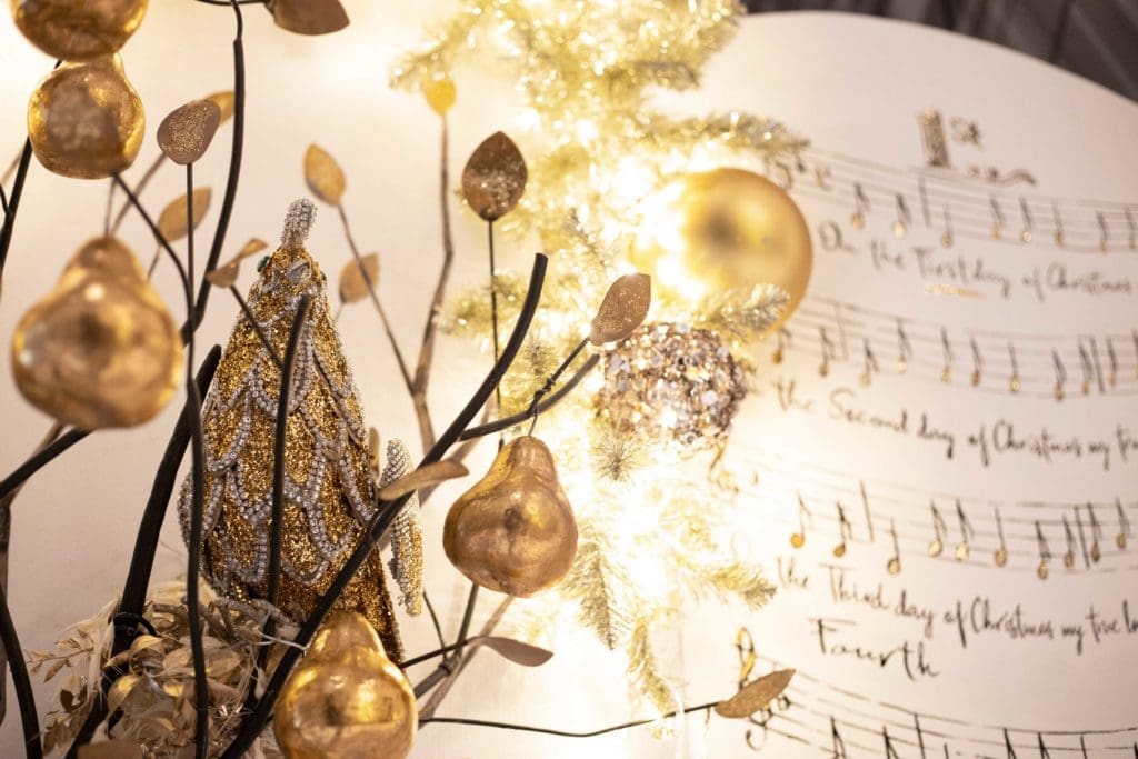 Detail of a partridge in a pear tree is the first of 'The Twelve Days of Christmas' holiday decor that stretches throughout the ground floor of The Post Oak Hotel. (Photo courtesy of Fertitta Entertainment)