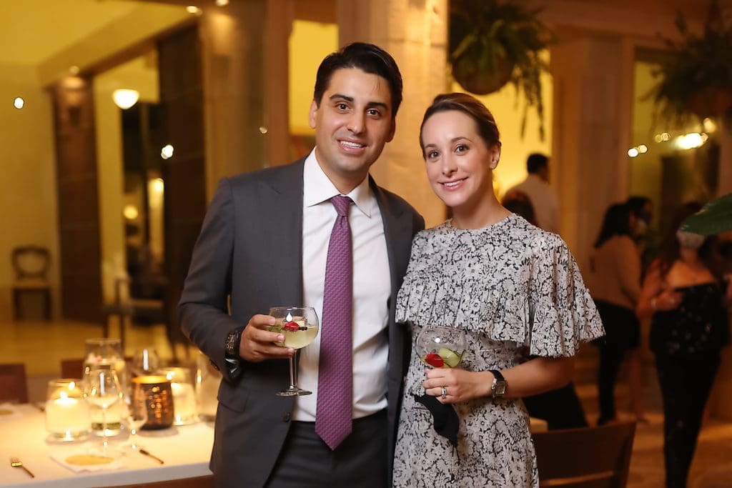 Jonathan Yazdani, Amanda Banding at the Correa Family Foundation dinner hosted by Fabergé at the home of Isabel and Ignacio Torras. (Photo by Quy Tran)