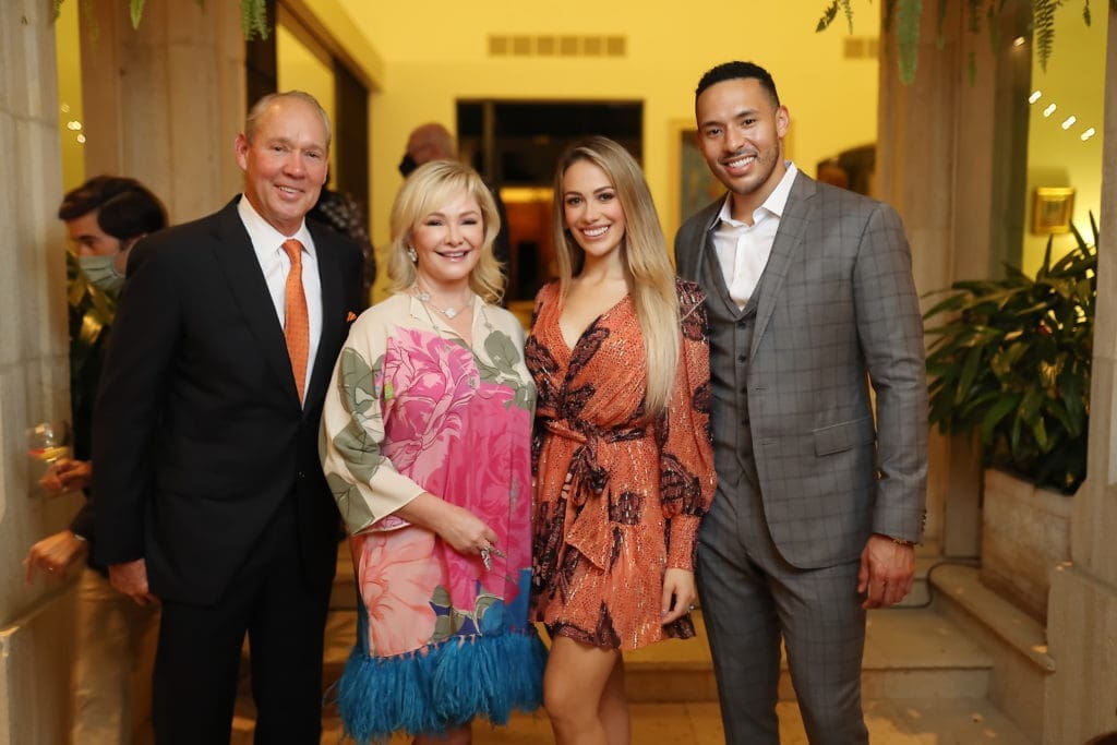 Jim & Whitney Crane with Daniella Rodriguez & Carlos Correa take their masks off for photos in November during the Correa Family Foundation dinner hosted by Fabergé at the home of Isabel and Ignacio Torras. (Photo by Quy Tran)