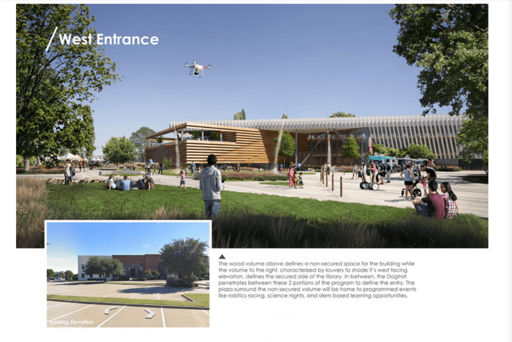 The library's plaza is designed to host robotics racing, science nights, and STEM programs.