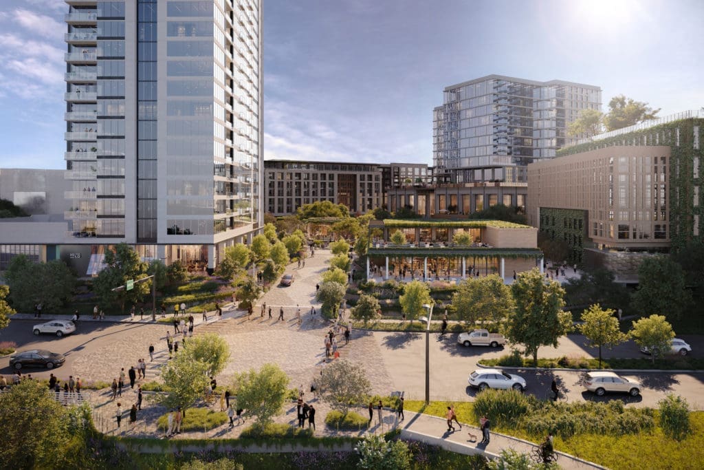 Autry Park proposes to be an urban village replete with requisite amenities and a central green space approached by a winding network of streets and sidewalks shaded by mature live oaks. (Courtesy rendering)