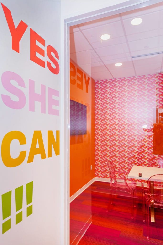 Offices and meeting rooms, designed by Courtnay Tartt Elias to reflect the female orientation of SheSpace.
