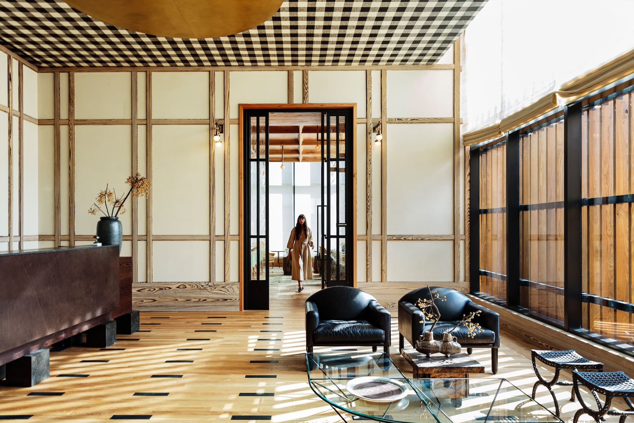 The lobby of Austin Proper, designed by Kelly Wearstler, sets the tone for the luxurious, wellness-minded boutique hotel.
