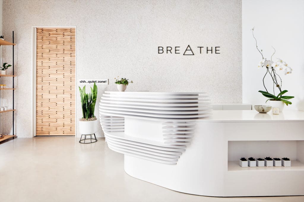 Breathe Mind + Body, designed by Gonzalo Bueno of Ten Plus Three, is located at the edge of Highland Park. 