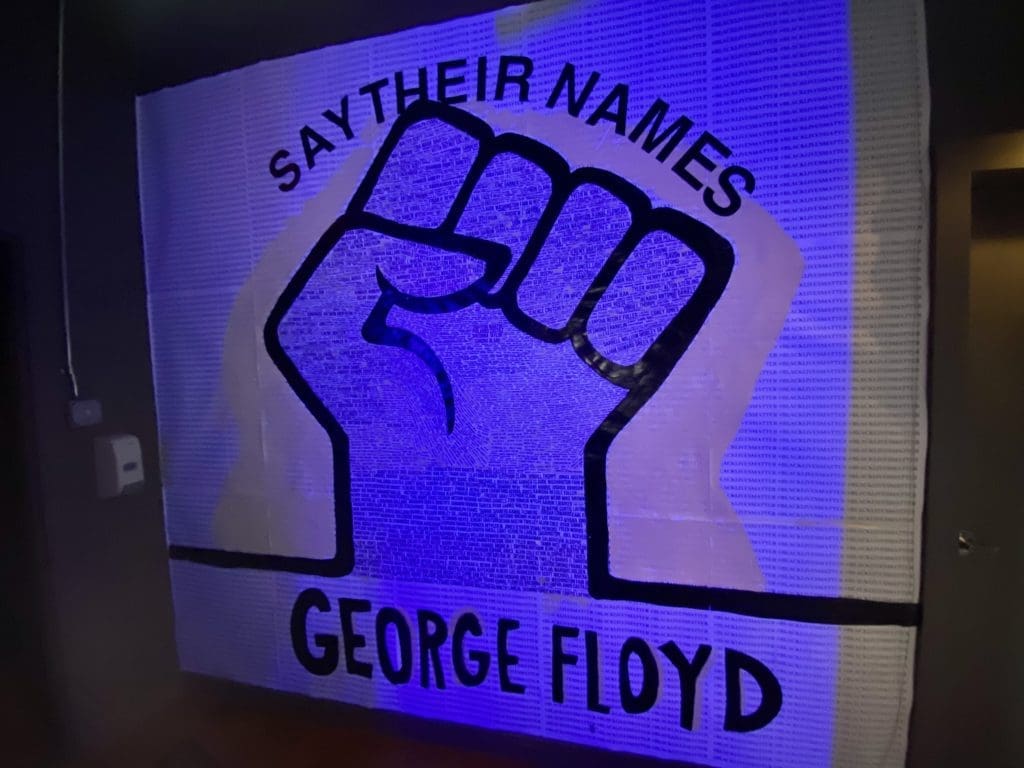 Black Lives Matter activist and artist Arkan Ali's "BLM" showcases the names of victims of police brutality, including George Floyd. (Photo by Nicole Betts)