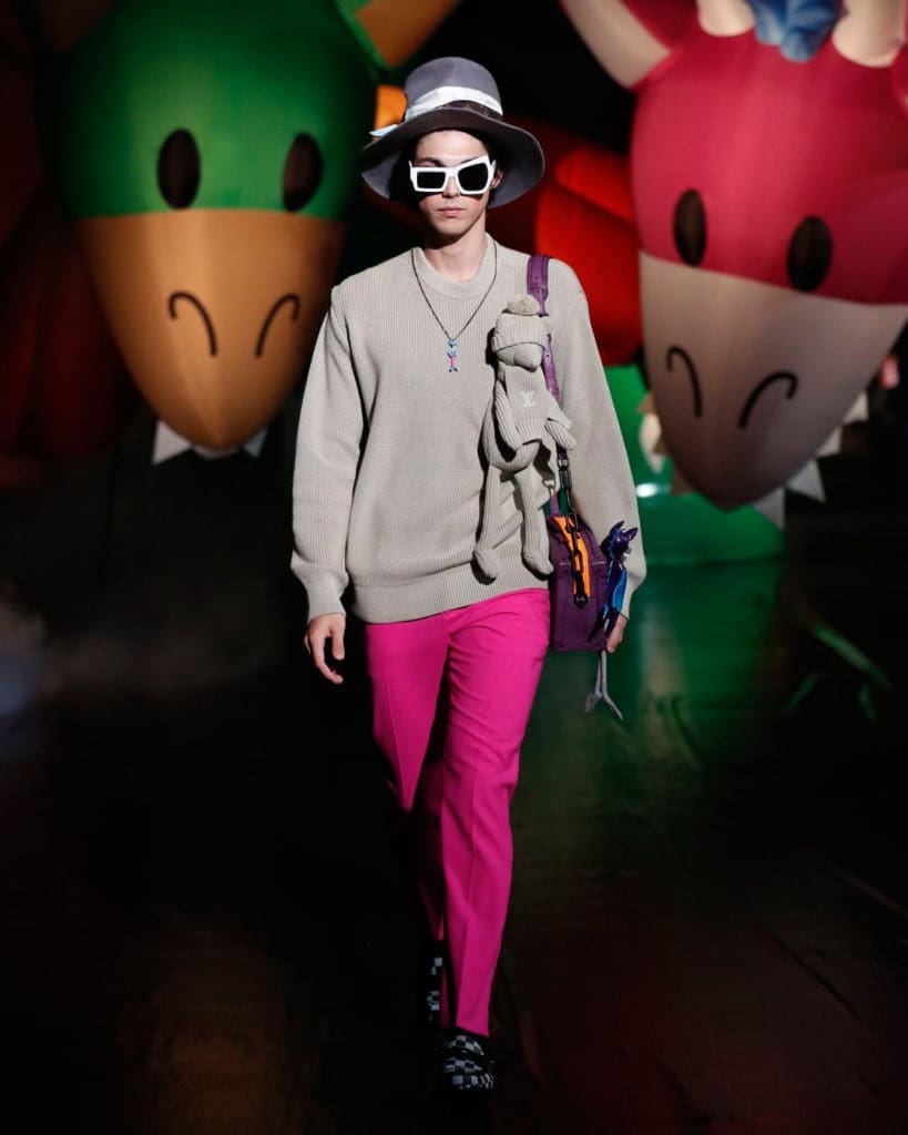 A model showcases a design on the runway during the Louis Vuitton Men 2021 spring-summer show at Tokyo International Cruise Terminal. (Photo by Kiyoshi Ota/Getty Images for Louis Vuitton)
