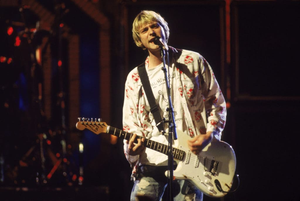 Kurt Cobain, cardigan king, performing at Saturday Night Live