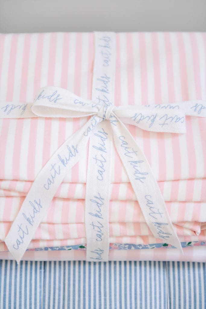 Cait Kids classic stripe duvet in peach blush ($198) 