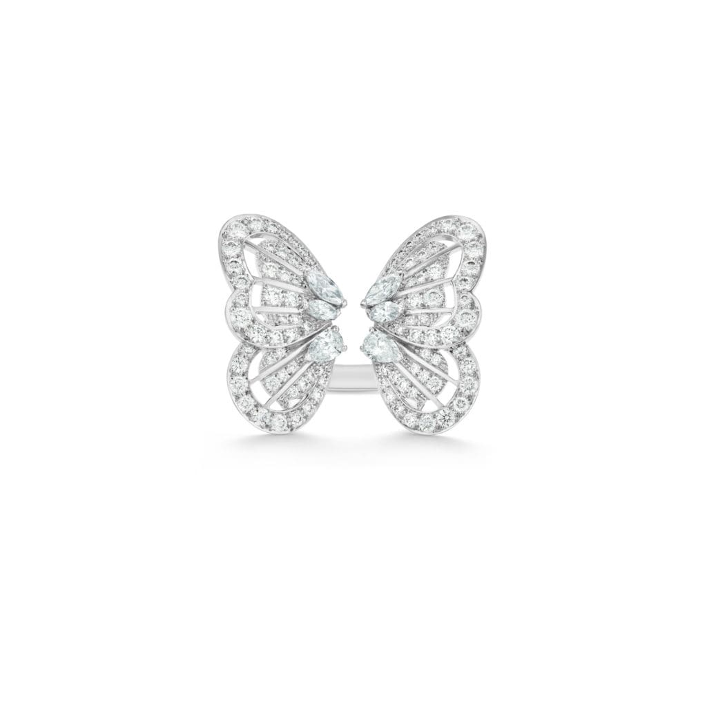 De Beers new Monarch Butterfly ring floats on the finger as if a dazzling butterfly had just settled there.