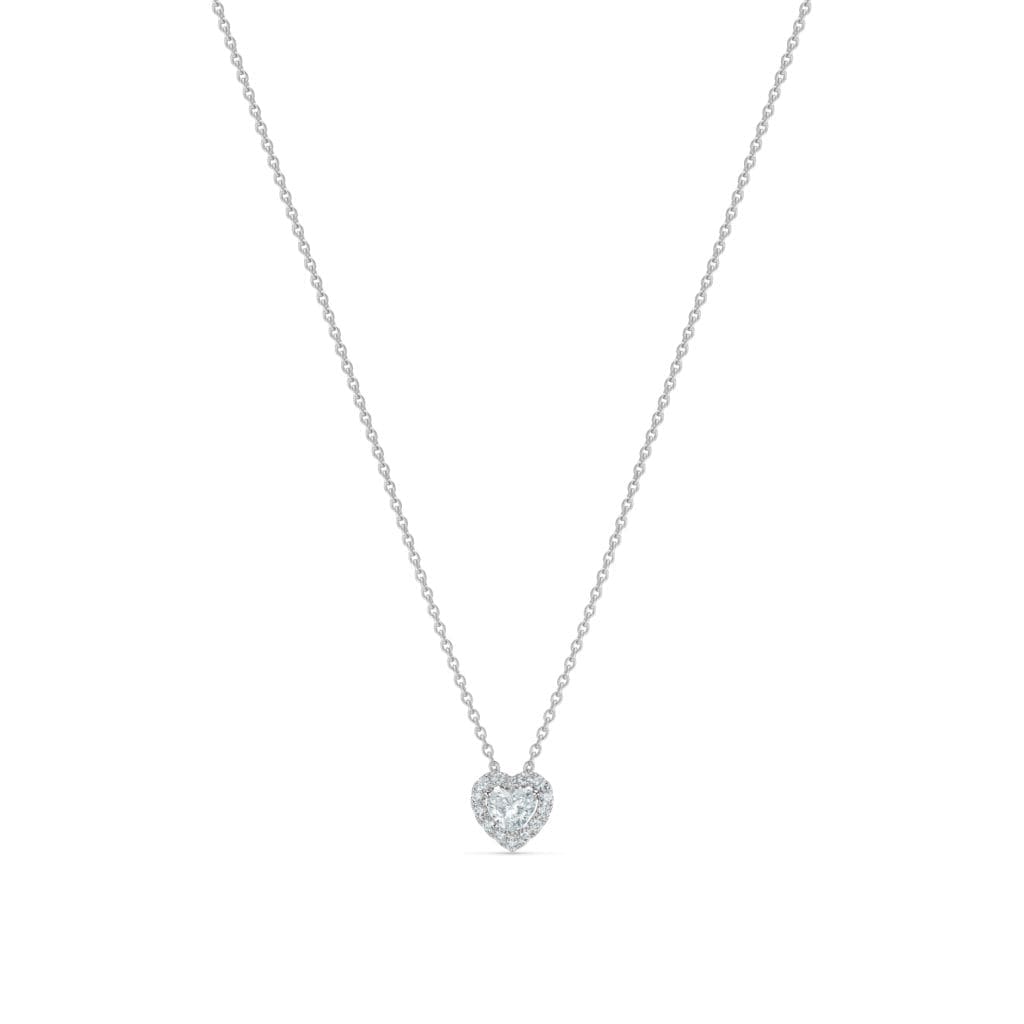 De Beers' heart-shaped diamond pendant is suspended from an 18k white gold chain.