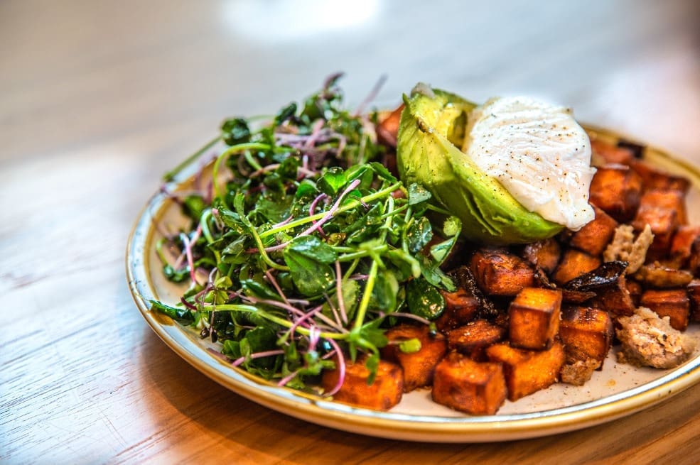 The loaded sweet potato hash is a must-try at White Rhino Coffee.