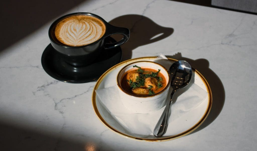 White Rhino Coffee's winter spiced latte and a cup of tomato basil soup.