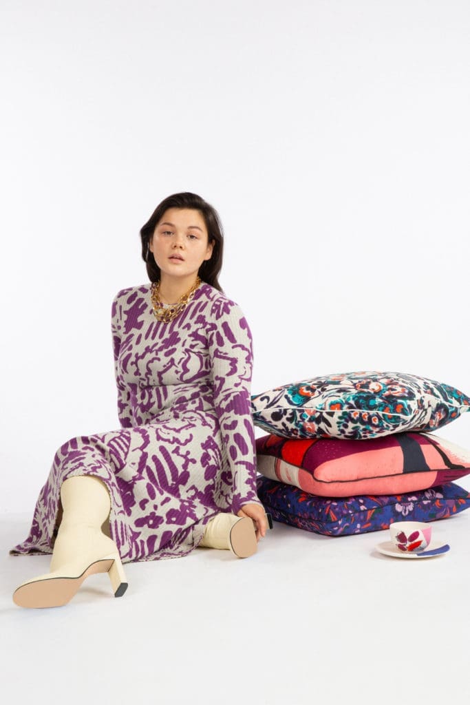 Tanya Taylor purple and gray print long-sleeve dress. (Photo courtesy of Tanya Taylor)