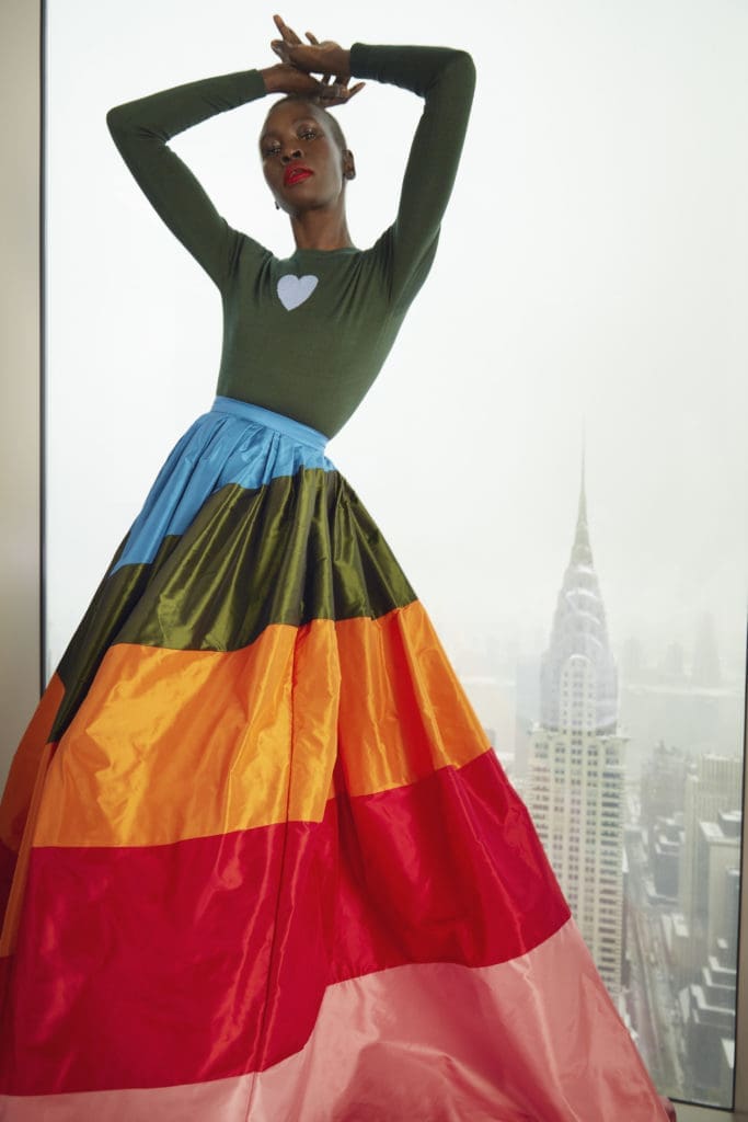 Carolina Herrera rainbow long skirt and heart sweater. (Photo courtesy of Carolina Herrera)