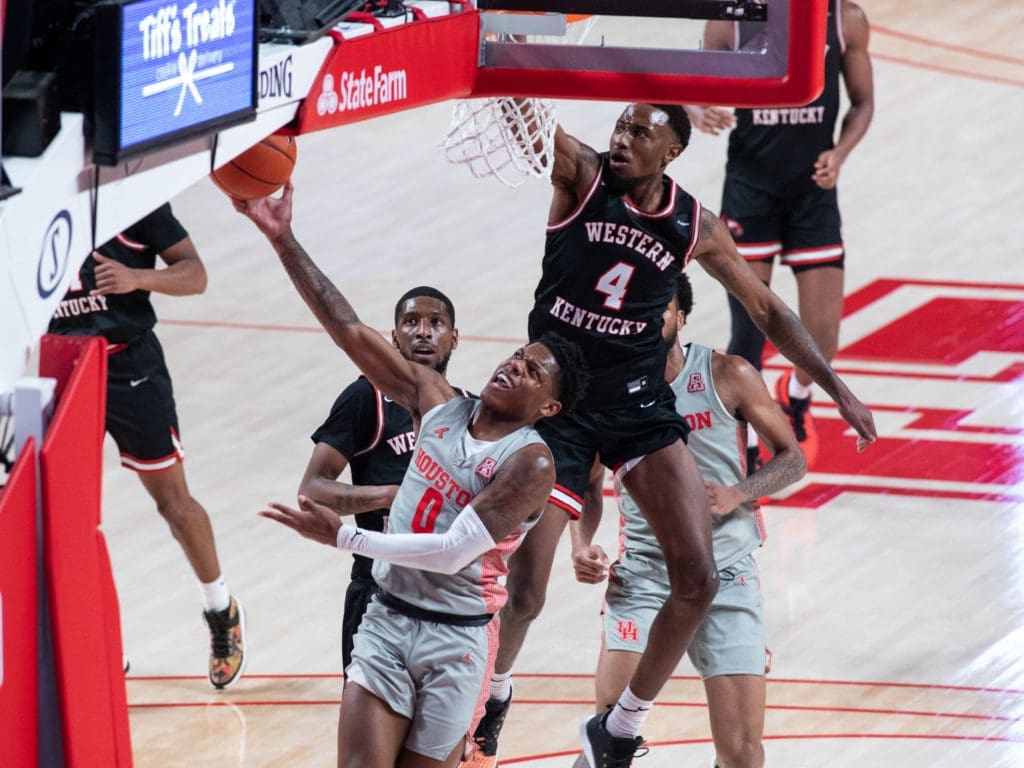 University of Houston guard Marcus Sasser is adapt at driving inside too. (Photo by F. Carter Smith)