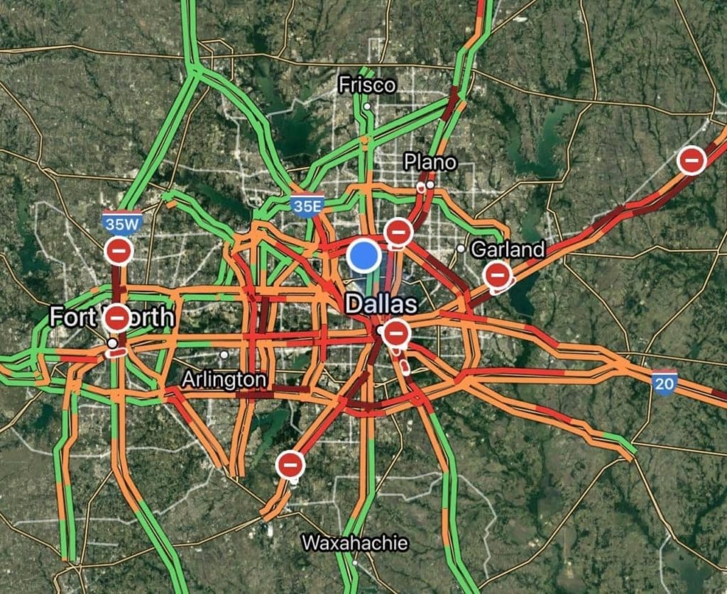 DFW traffic map after a layer of ice on Thursday February 11. (Photo by Jay Jerrier).