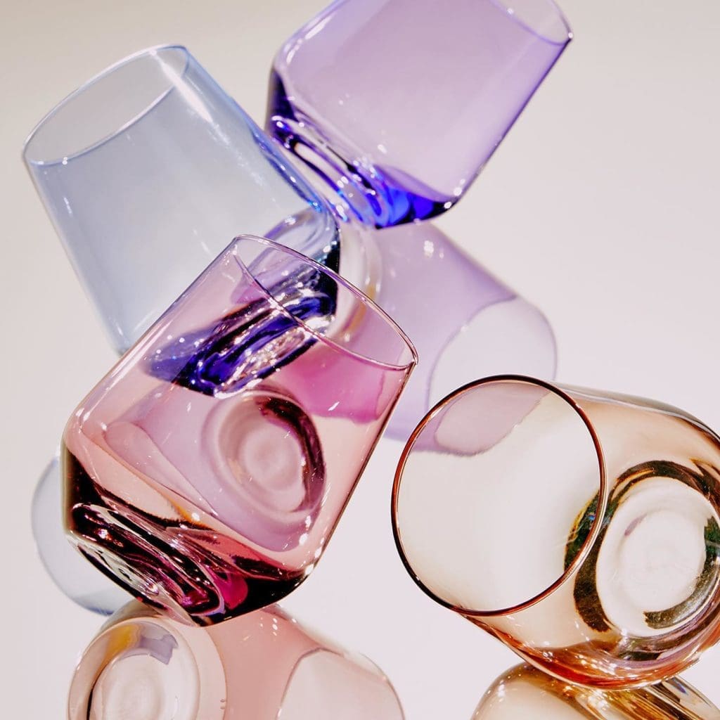 Estelle Colored Glass offers stemless wine glasses in candy hues.