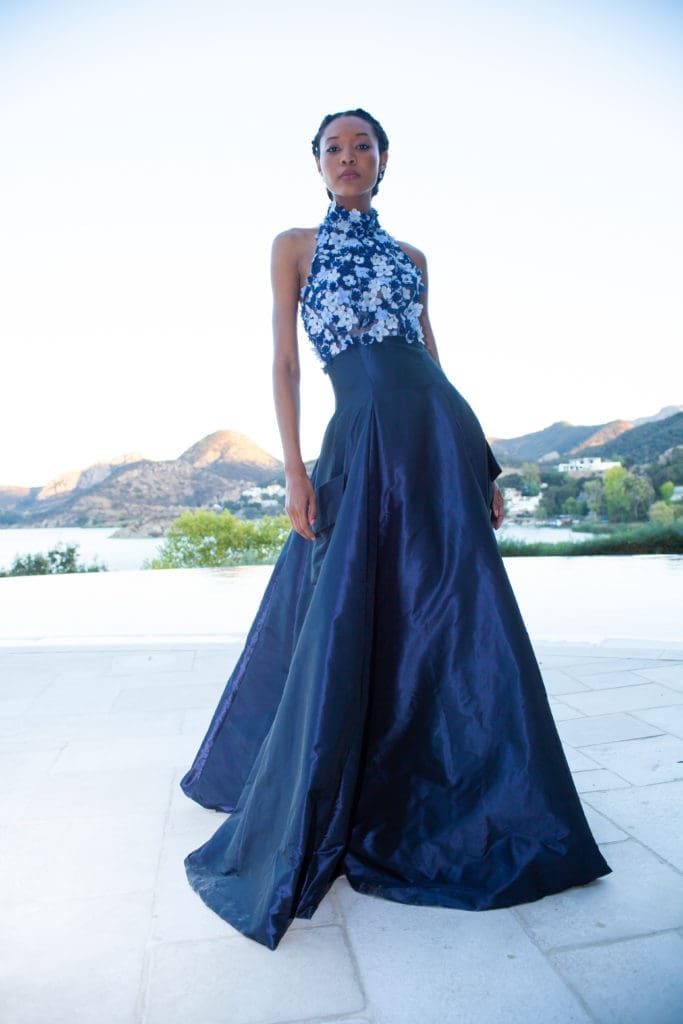 Kevan Hall floral beaded halter gown with blue skirt. (Photo courtesy of Kevan Hall)