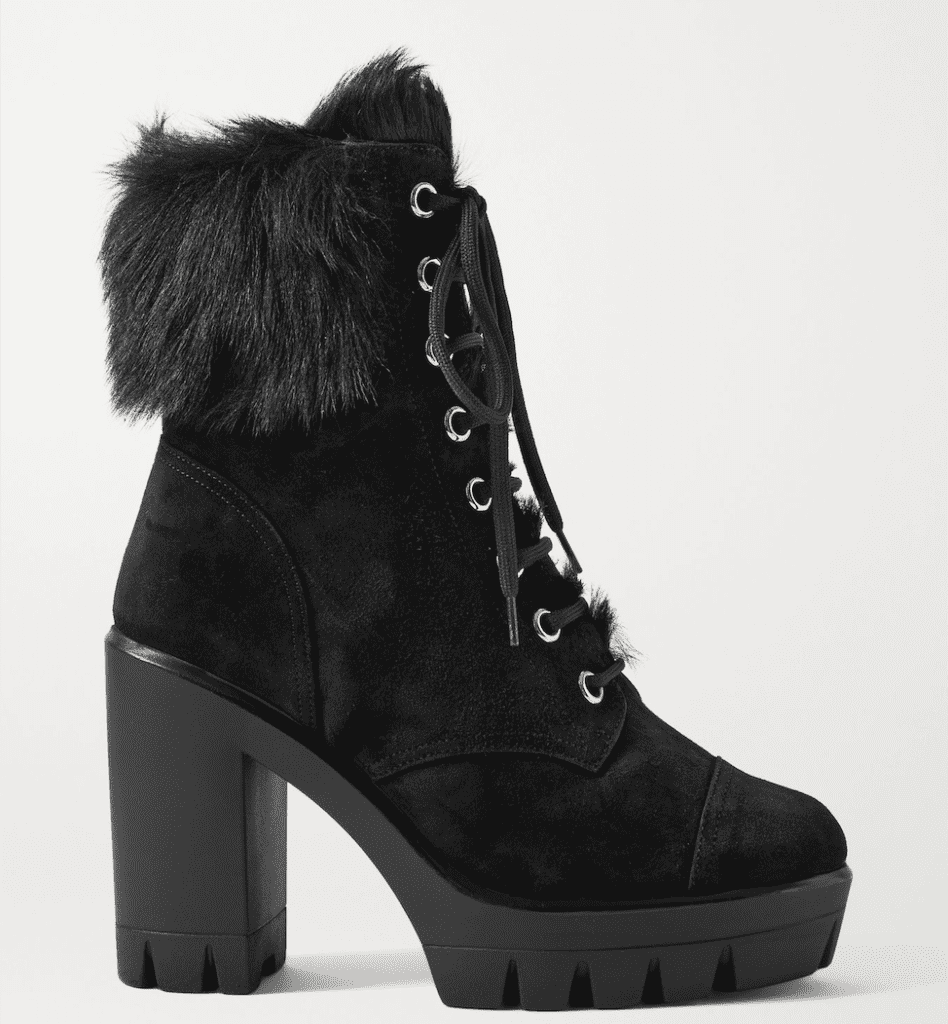 Guiseppe Zanotti captures the functionality of a hiking boot in a most stylish ankle bootie in suede and plush shearling, perfecting for dining at Brasserie 19 during the Texas deep freeze.