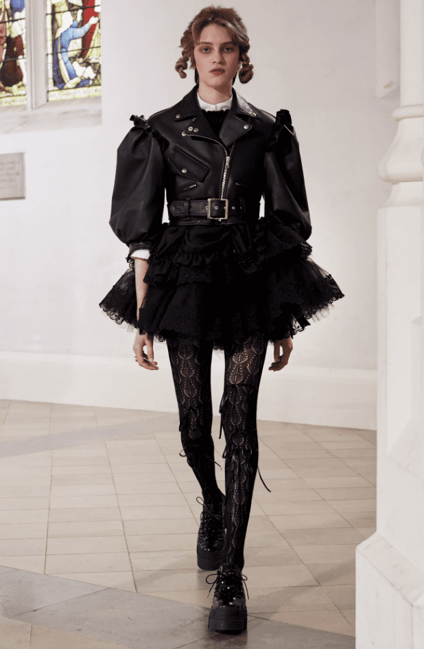 Simone Rocha black leather moto jacket with puff sleeves, tulle short skirt. (Photo courtesy of Simone Rocha)
