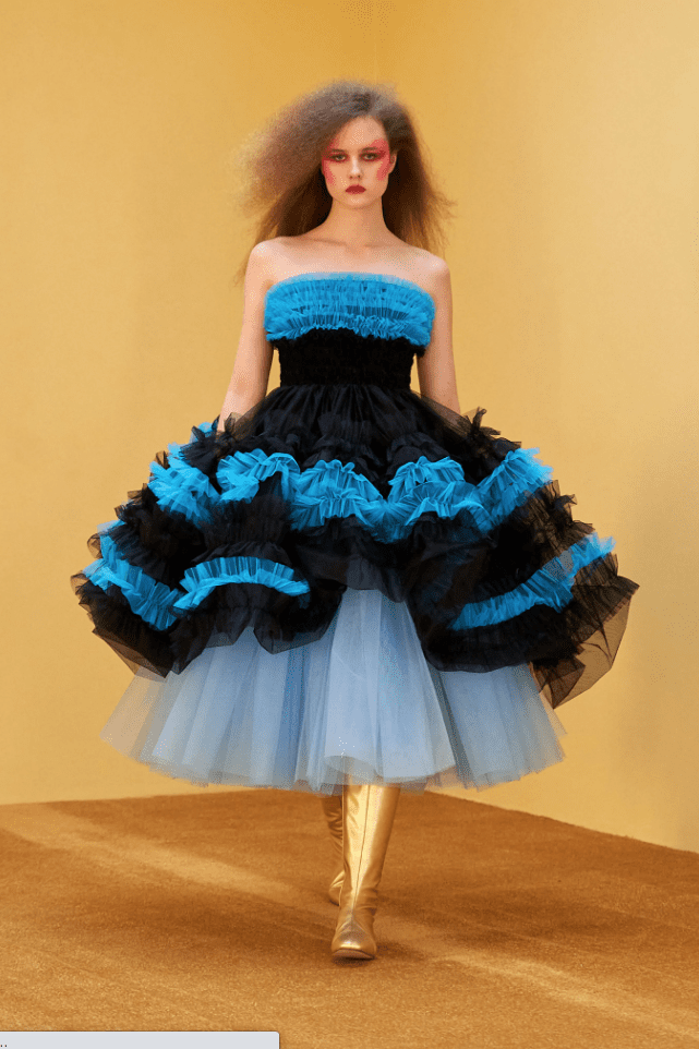Molly Goddard strapless black and teal bubble dress over a pale blue underskirt. (Photo courtesy of Molly Goddard)