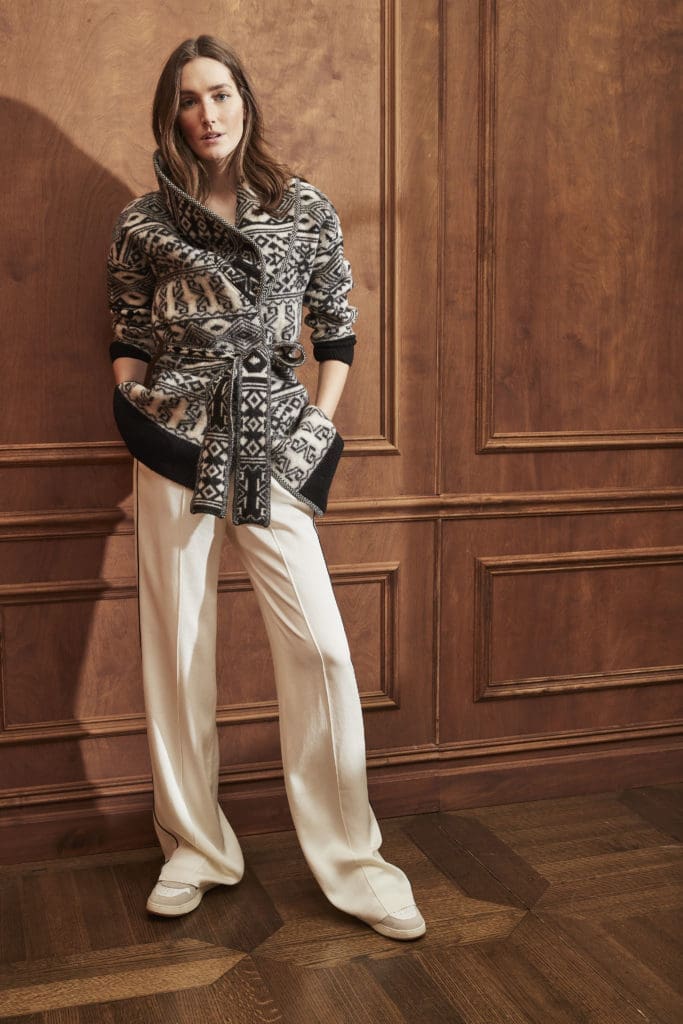 Veronica Beard tie print cardigan and cream-colored trousers. (Photo courtesy of Veronica Beard)