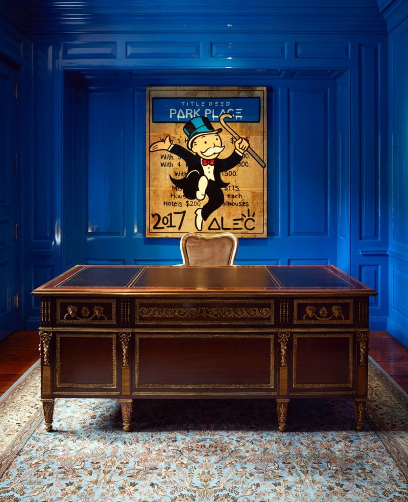 In Jeff Manson’s study, antique desk from Nick Brock Antiques. Artwork by Alec Monopoly. (Photo by Pär Bengtsson)