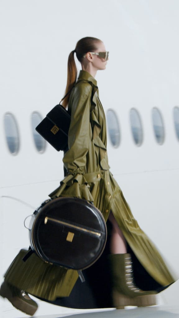 The high-flying Balmain fall collection features parachute dresses, lace-up boots, and structured luggage. (Photo courtesy of Balmain)