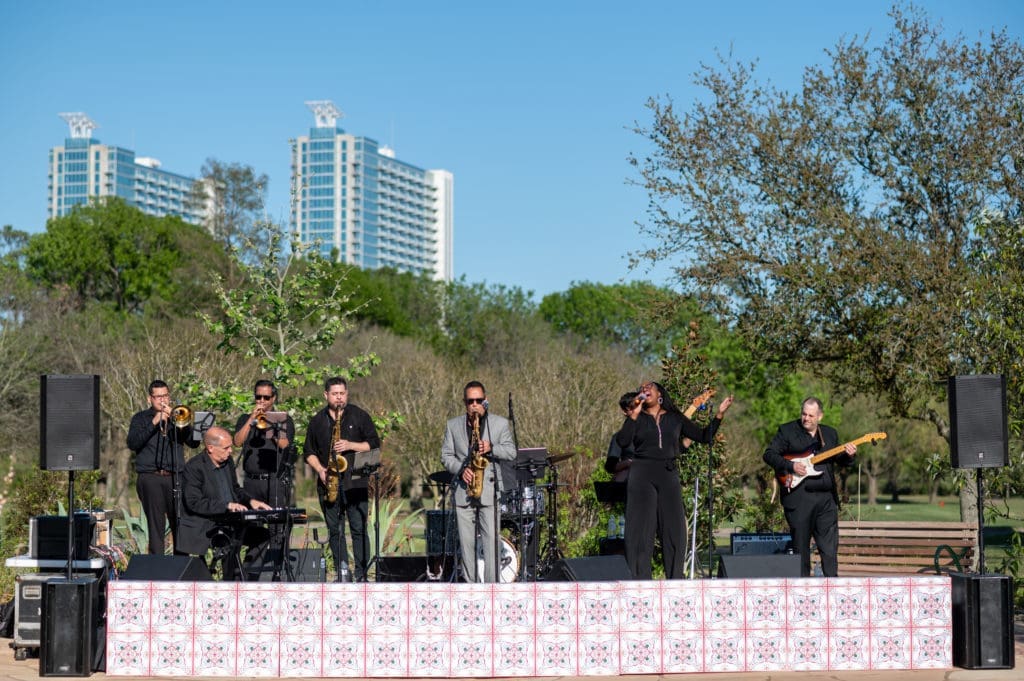 The David Caceres Band provides dance music for the faux wedding at Hermann Park Conservancy's Lott Hall. (Photo by Sarah Austin of Chris Bailey Photography)