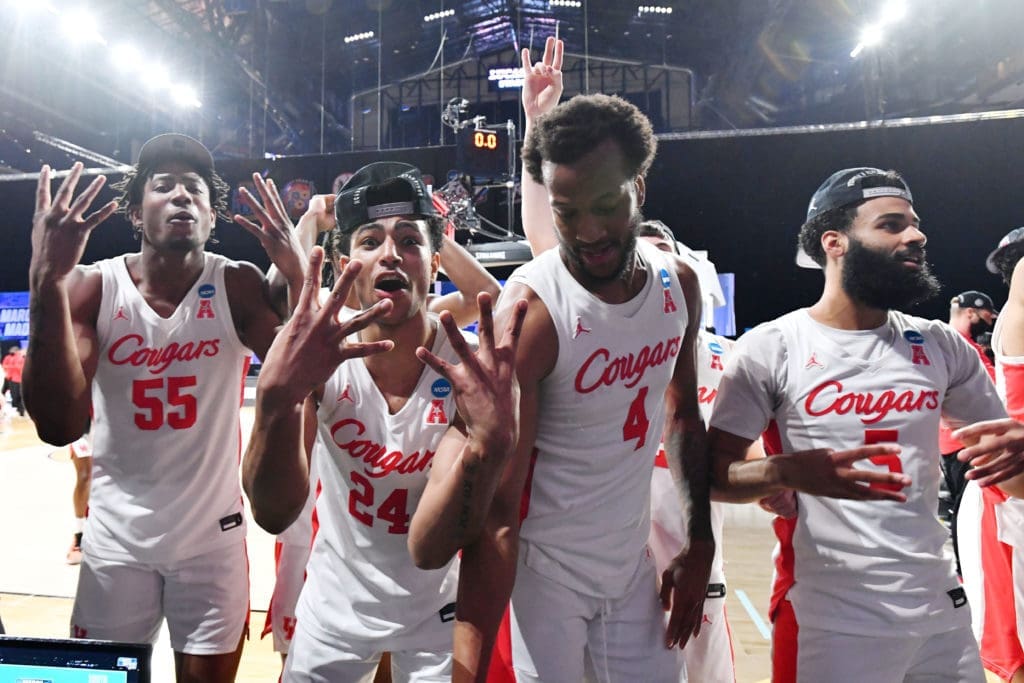 Quentin Grimes (No. 24), Justin Gorham (No. 4) and the rest of the Houston players grabbed every bit of this Final Four moment. (Photo by Brett Wilhelm/NCAA Photos via Getty Images)