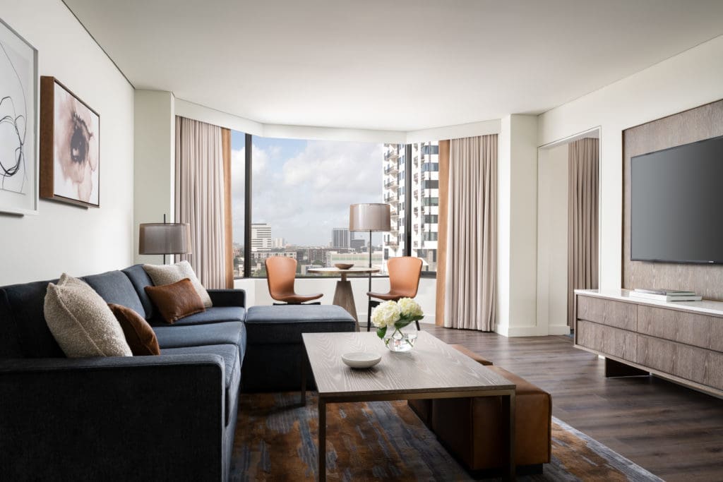 An executive suite living room in the Four Seasons Hotel Houston, designed by Rottet Studio. (Photo by Four Seasons Hotel Houston)