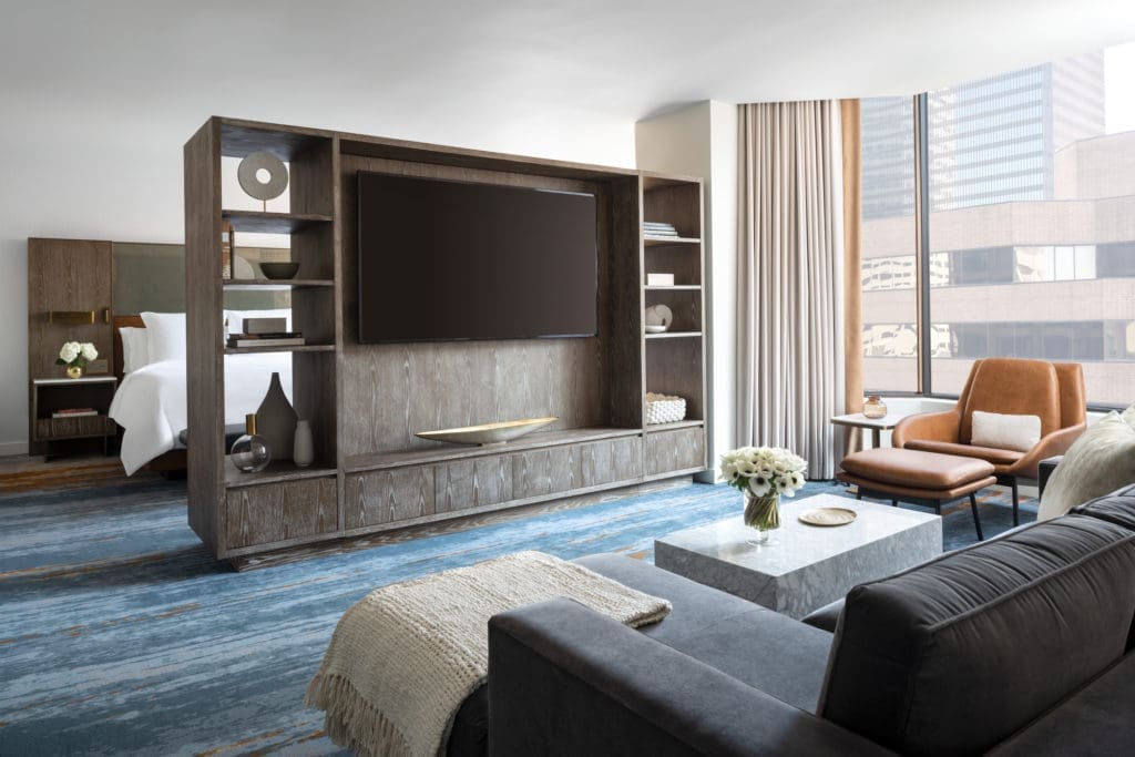 The bedroom parlor in the Four Seasons Hotel Houston Presidential Suite, designed by Rottet Studio. (Photo by Four Seasons Hotel Houston)