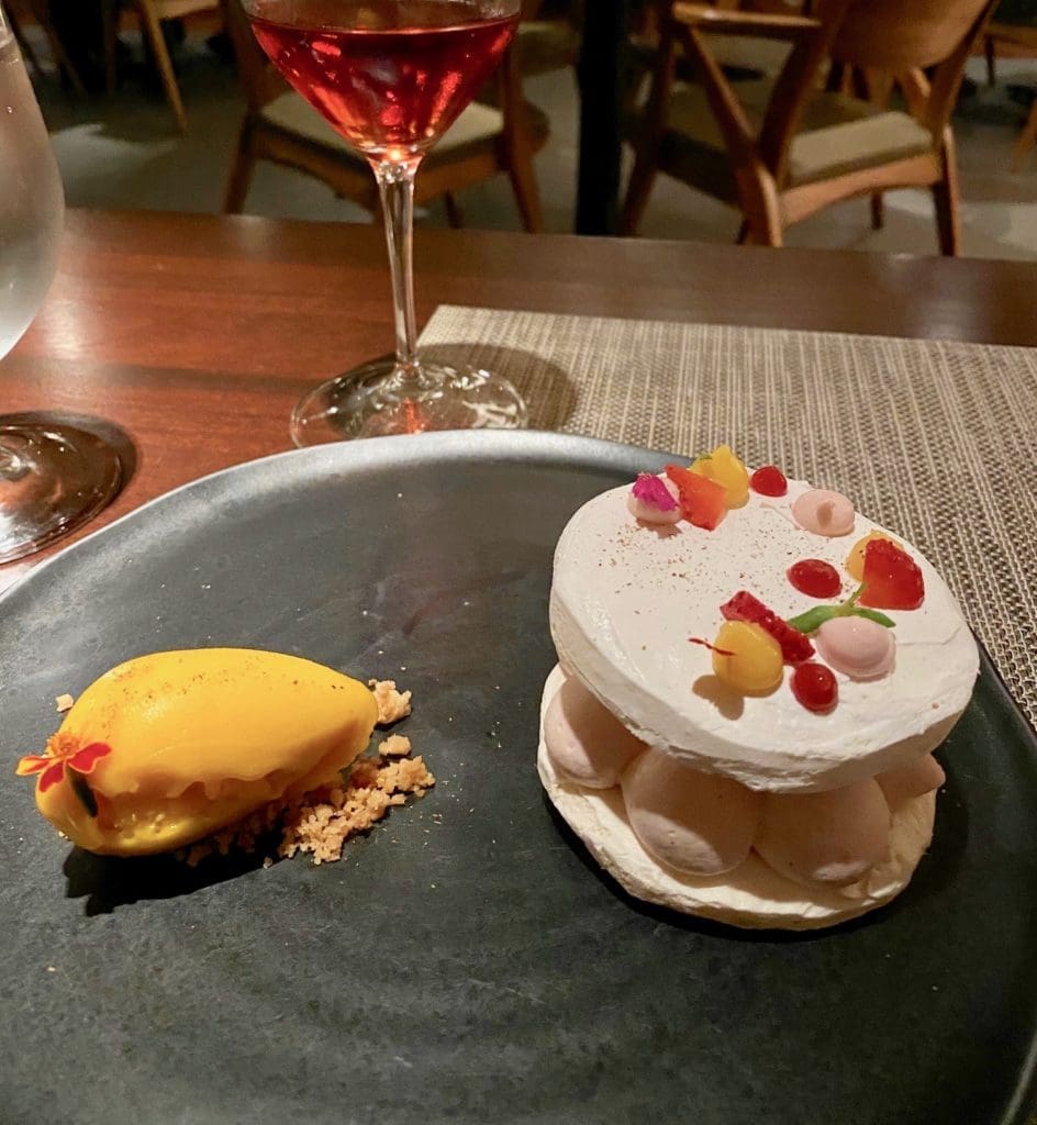 Bludorn pastry chef Alejandra Salas's Strawberry Passion Fruit Pavlova with mango sorbet (Photo by Shelby Hodge)