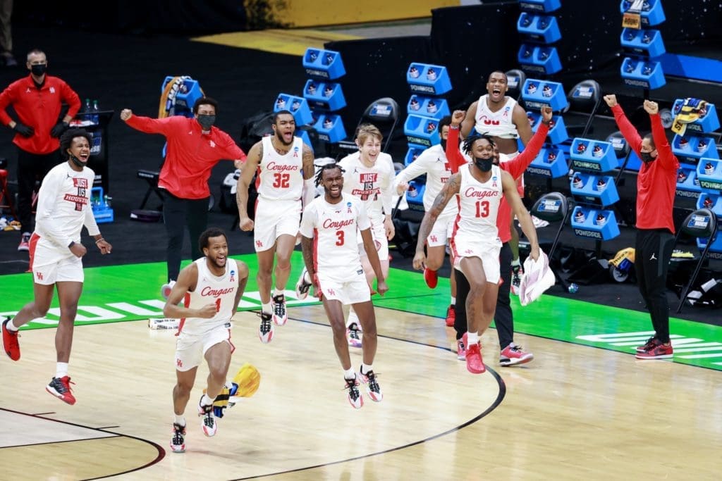 The Cougars started running around and celebrated after coming back to beat Rutgers. As usual, DeJon Jarreau (No. 3) was at the center of it. (Photo by Justin Tafoya/NCAA Photos via Getty Images)