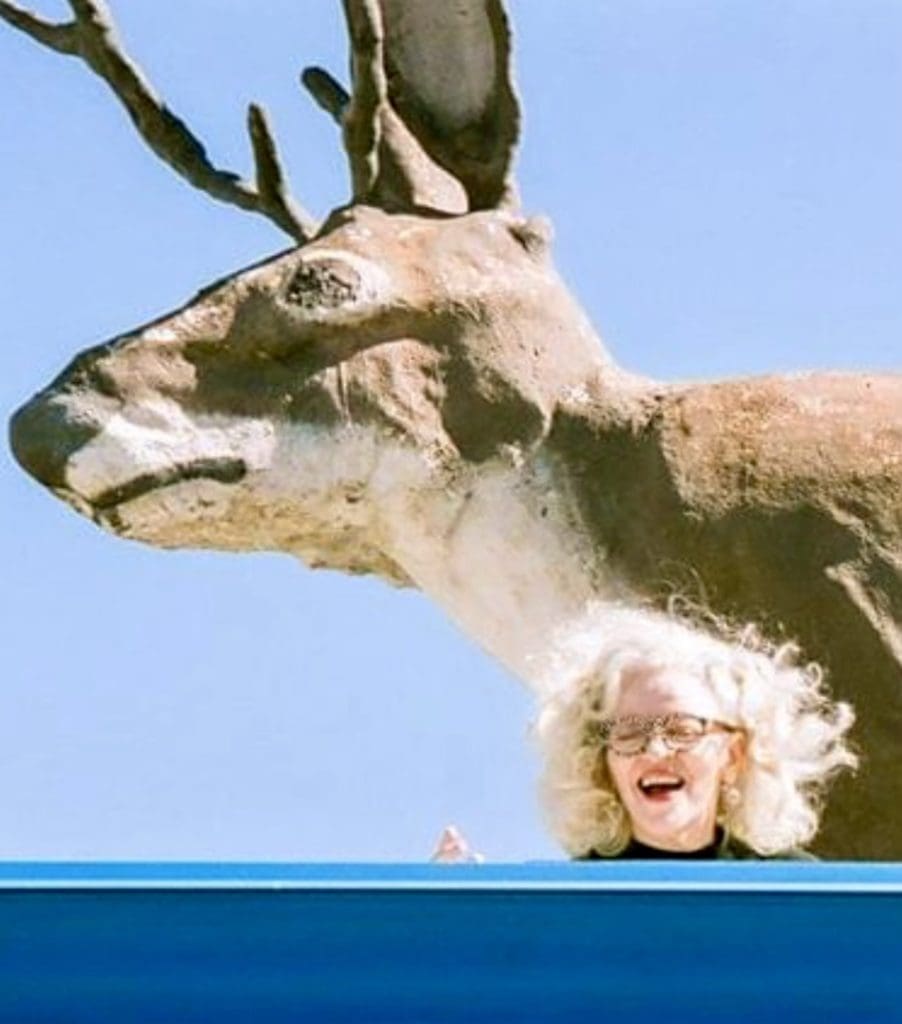 Nancy Lamb with her now iconic Fort Worth sculpture - The Jackalope.