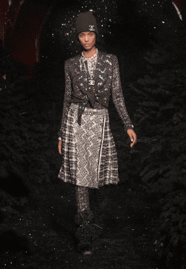 Chanel multi-tweed skirt and jacket, interlocking C beanie. (Photo courtesy of Chanel)