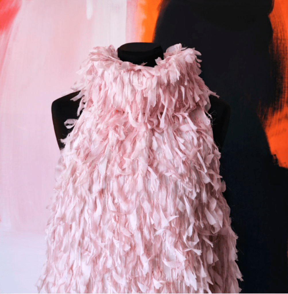 Photographed in the Haus Alkire Round Top studio, the pink tulle couture dress is covered with little silk ribbons. (Photo by Lisa Petrole)