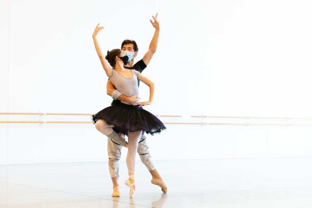 Houston Ballet First Soloist Mónica Gómez and Principal Charles-Louis Yoshiyama rehearsing Ben Stevenson’s Don Quixote.   (Photo by Lawrence Elizabeth Knox)