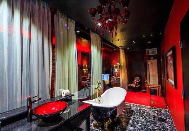 David Wyant's penchant for quirky design can be seen in the bath of the Lucifer Suite in The Saint Hotel New Orleans.