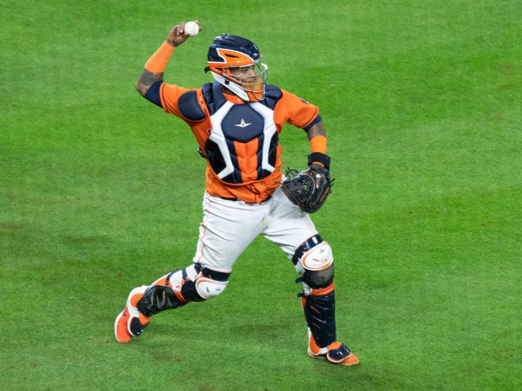 Houston Astros Martin Maldonado has worked on throwing out baserunners.  (Photo by F. Carter Smith)