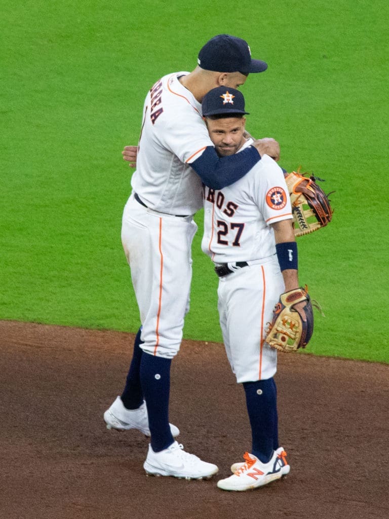  Carlos Correa and Jose Altuve are hugging out wins again — and everything seems right in Astros land. (Photo by F. Carter Smith)
